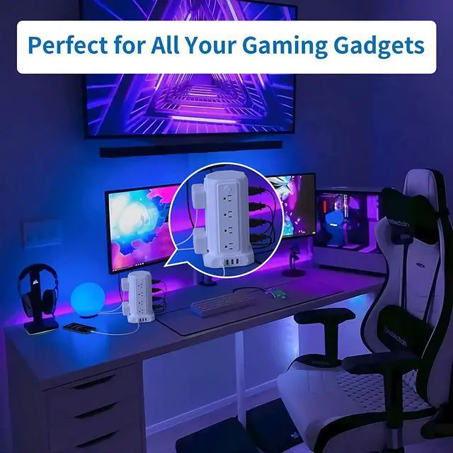 Alt view image 5 of 7 - 10 FT Extension Cord Power Strip Tower, 16 Widely Outlets 1875W 15A, Flat Plug Surge Protector with 4 USB Ports, Individual Switches, 1080 Joules, Overload Protection for Home Office Desktop, White