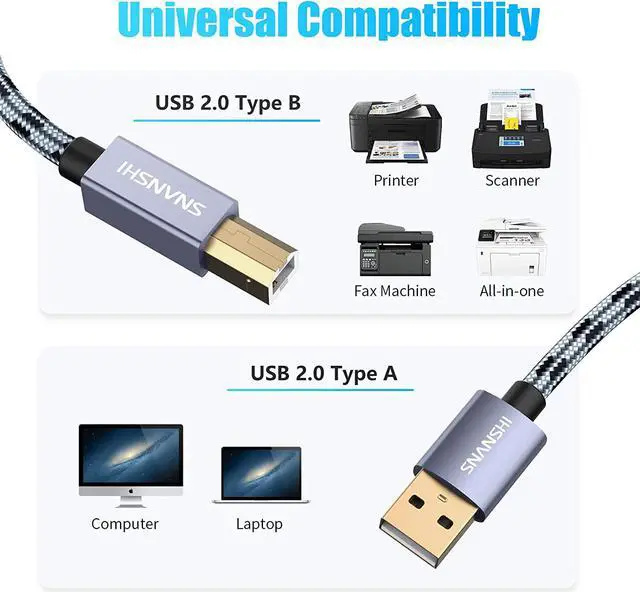 Alt view image 3 of 6 - Printer Cable 25 ft USB Printer Cable USB A to USB B Cable Printer USB Cable Compatible with HP Canon Dell Epson Lexmark Xerox Printer and More