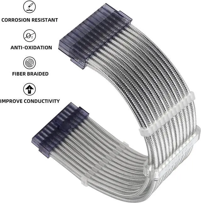 Alt view image 2 of 7 - SIRLYR Braided ATX Sleeved Cable Extension Kit for Power Supply Cable Kit 16AWG 24Pin ATX / 8 (4+4) Pin EPS / 8 (6+2) Pin PCI-E Power Supply PSU Cables with Combs(Silver)