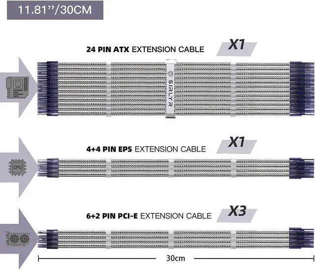 Alt view image 4 of 7 - SIRLYR Braided ATX Sleeved Cable Extension Kit for Power Supply Cable Kit 16AWG 24Pin ATX / 8 (4+4) Pin EPS / 8 (6+2) Pin PCI-E Power Supply PSU Cables with Combs(Silver)