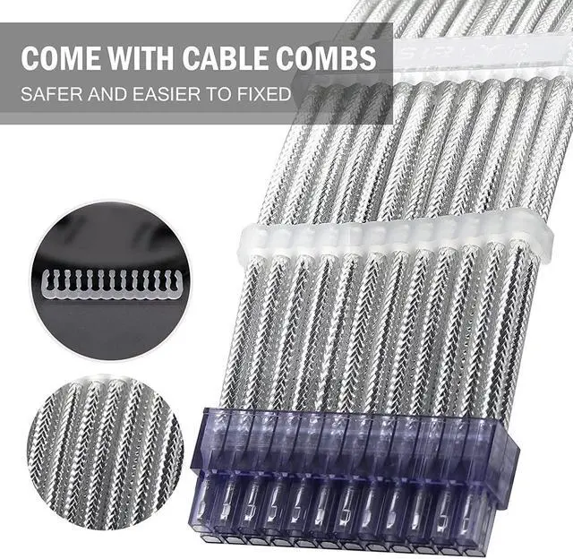 Alt view image 3 of 7 - SIRLYR Braided ATX Sleeved Cable Extension Kit for Power Supply Cable Kit 16AWG 24Pin ATX / 8 (4+4) Pin EPS / 8 (6+2) Pin PCI-E Power Supply PSU Cables with Combs(Silver)
