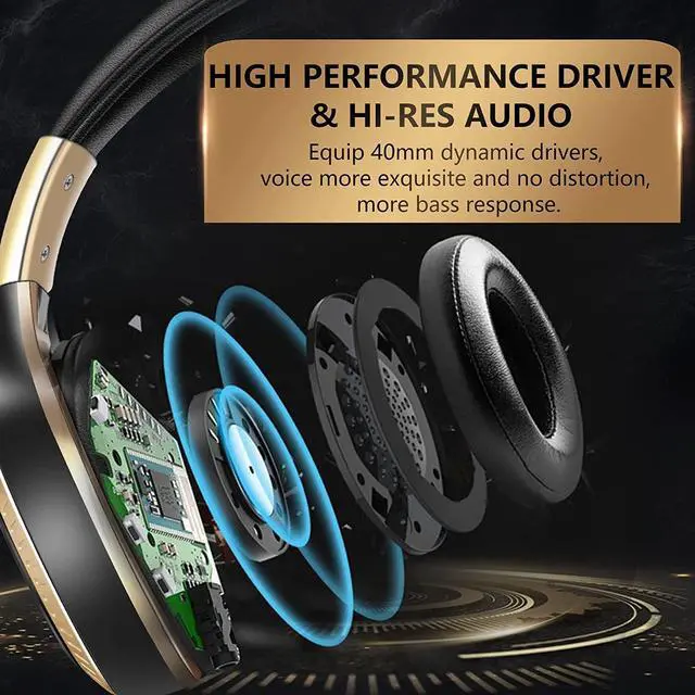 Alt view image 2 of 7 - Active Noise Cancelling Headphones Bluetooth Headphones Wireless Wired Over Ear Headphones with Microphone Foldable Gaming Headset Stereo Bass 20H Playtime for Laptop Smartphone Tablet TV Gold