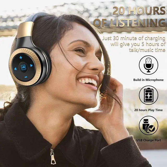 Alt view image 3 of 7 - Active Noise Cancelling Headphones Bluetooth Headphones Wireless Wired Over Ear Headphones with Microphone Foldable Gaming Headset Stereo Bass 20H Playtime for Laptop Smartphone Tablet TV Gold