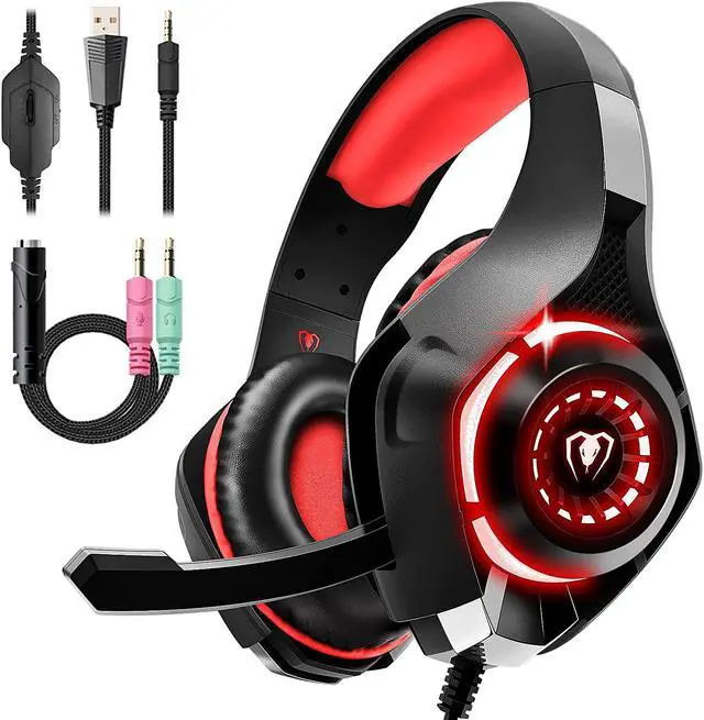 Main image of Gaming Headset for PS4 PS5 Xbox One Switch PC with Noise Canceling Mic, Deep Bass Stereo Sound (Black Red)-1