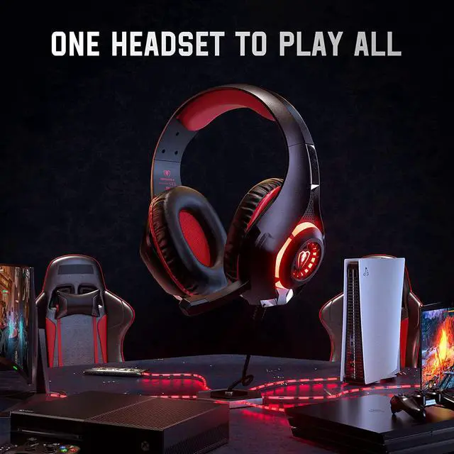 Alt view image 4 of 6 - Gaming Headset for PS4 PS5 Xbox One Switch PC with Noise Canceling Mic, Deep Bass Stereo Sound (Black Red)-1
