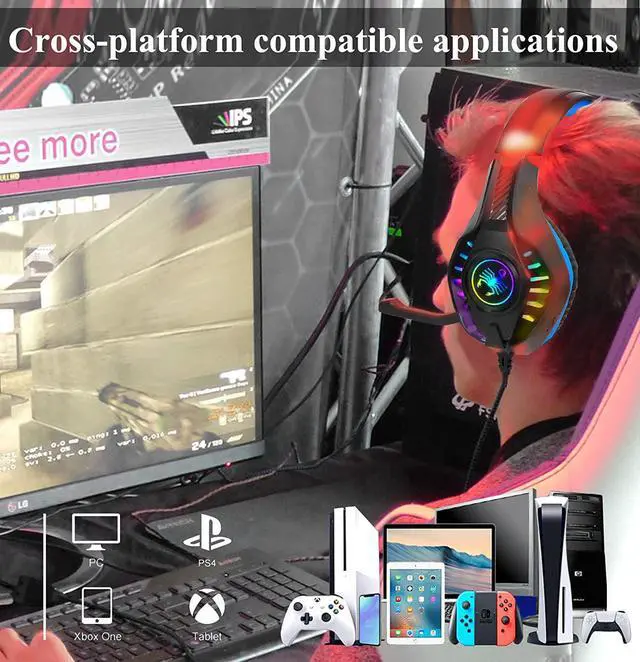 Alt view image 2 of 7 - SVYHUOK Pro Gaming Headset for PC PS4 Xbox One Surround Sound Over-Ear Headphones with Mic LED Light Bass Surround Soft Memory Earmuffs for Computer Laptop Switch Games Kids Boys Teens Gifts