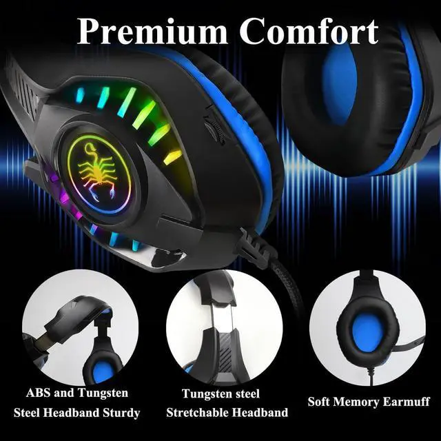Alt view image 5 of 7 - SVYHUOK Pro Gaming Headset for PC PS4 Xbox One Surround Sound Over-Ear Headphones with Mic LED Light Bass Surround Soft Memory Earmuffs for Computer Laptop Switch Games Kids Boys Teens Gifts