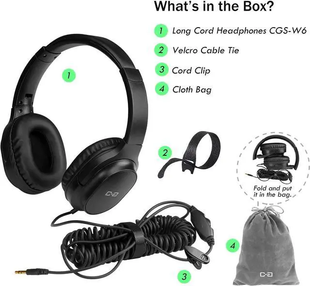 Alt view image 7 of 7 - Extra Long Cord Headphones for TV & PC with Volume Control, 18 Feet / 5.5M Extension Spring Coiled Cord, Universal 3.5mm AUX Audio, Wired Over Ear Stereo Headset, CGS-W6