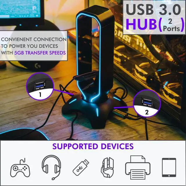Alt view image 5 of 7 - Tilted Nation RGB Headset Stand and Gaming Headphone Stand for Desk Display with Mouse Bungee Cord Holder with USB 3.0 Hub for Xbox, PS4, PC - Perfect Gaming Accessories Gift