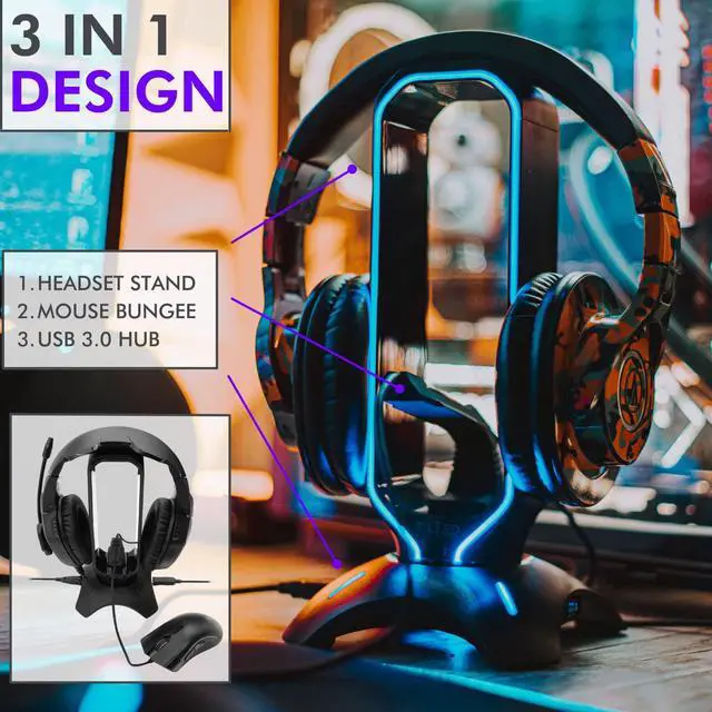 Alt view image 2 of 7 - Tilted Nation RGB Headset Stand and Gaming Headphone Stand for Desk Display with Mouse Bungee Cord Holder with USB 3.0 Hub for Xbox, PS4, PC - Perfect Gaming Accessories Gift