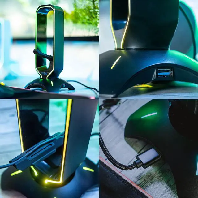 Alt view image 7 of 7 - Tilted Nation RGB Headset Stand and Gaming Headphone Stand for Desk Display with Mouse Bungee Cord Holder with USB 3.0 Hub for Xbox, PS4, PC - Perfect Gaming Accessories Gift
