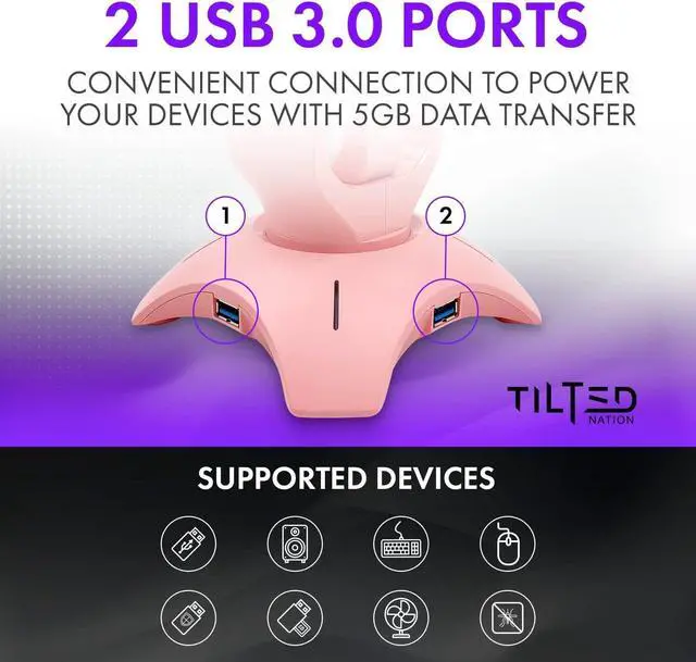 Alt view image 5 of 7 - Tilted Nation RGB Gaming Headset Stand - 3 in 1 Pink with Mouse Bungee and 2 Port USB Hub Charger - The Ultimate Accessory and Gamer Gift - Headphone Holder for Desk