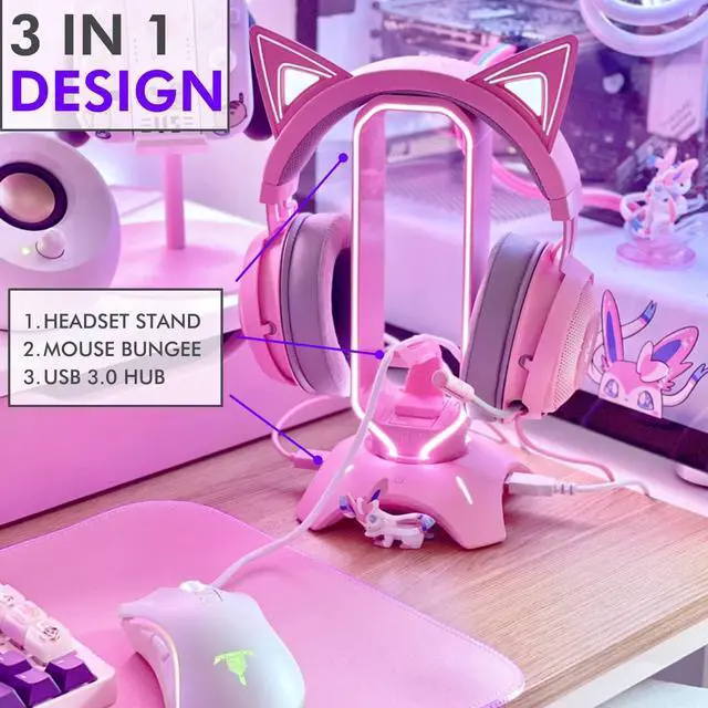 Alt view image 2 of 7 - Tilted Nation RGB Gaming Headset Stand - 3 in 1 Pink with Mouse Bungee and 2 Port USB Hub Charger - The Ultimate Accessory and Gamer Gift - Headphone Holder for Desk