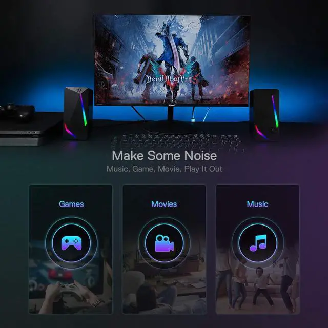 Alt view image 7 of 7 - GS510 RGB Desktop Speakers, 2.0 Channel PC Computer Speaker with 4 Colorful LED Backlight Modes, Enhanced Bass and Easy-Access Volume Control, USB Powered w/ 3.5mm Cable