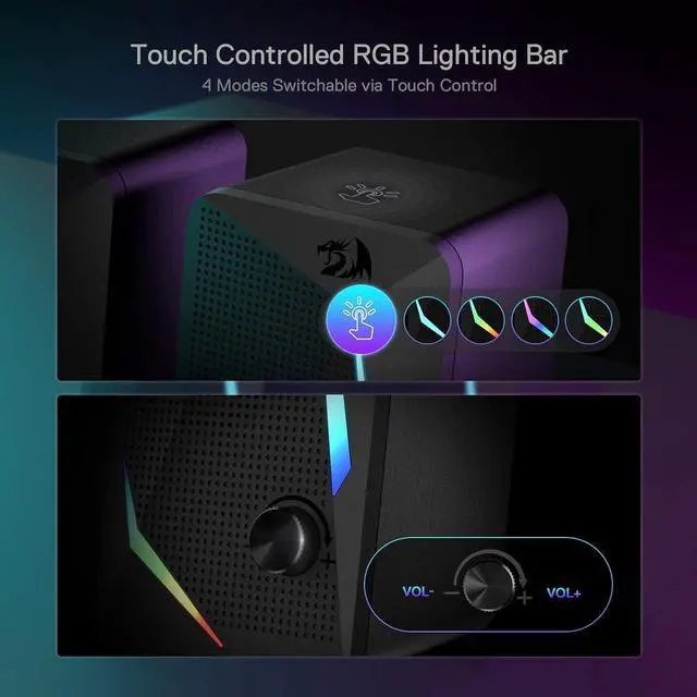 Alt view image 6 of 7 - GS510 RGB Desktop Speakers, 2.0 Channel PC Computer Speaker with 4 Colorful LED Backlight Modes, Enhanced Bass and Easy-Access Volume Control, USB Powered w/ 3.5mm Cable