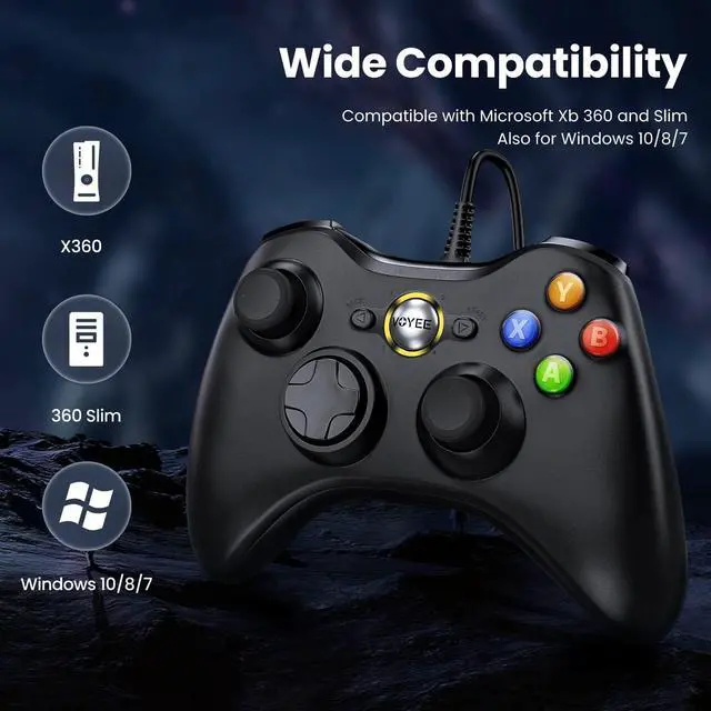 Alt view image 4 of 7 - VOYEE PC Controller, Wired Controller Compatible with Microsoft Xbox 360 & Slim/PC Windows 10/8/7, with Upgraded Joystick, Double Shock | Enhanced (Black)