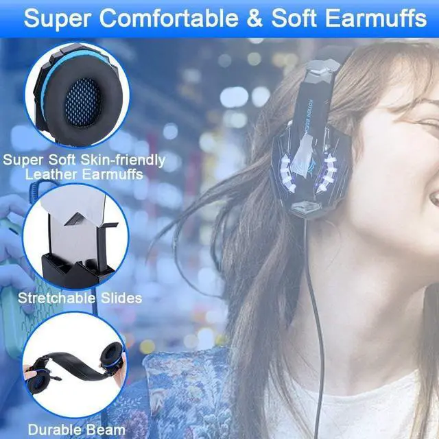 Alt view image 5 of 7 - BlueFire Stereo Gaming Headset for PS4, PS5, PC, Xbox One, Noise Cancelling Over Ear Headphones with Mic, LED Light, Bass Surround, Soft Memory Earmuffs for Laptop Nintendo Switch Games (Blue)