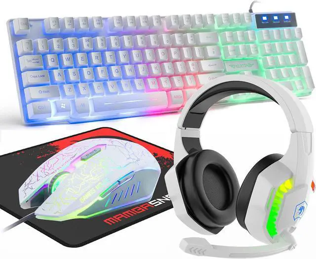 Main image of Wired Gaming Keyboard and Mouse Headset Combo,Rainbow LED Backlit Wired Keyboard,Over Ear Headphone with Mic,Rainbow Backlit Gaming Mice,Mouse Pad,for PC,Laptop,Mac,PS4,Xbox(White)