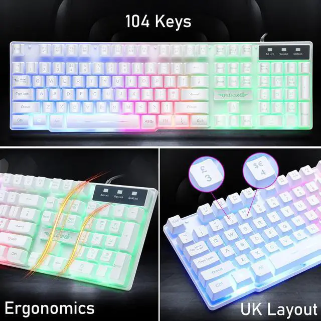 Alt view image 3 of 7 - Wired Gaming Keyboard and Mouse Headset Combo,Rainbow LED Backlit Wired Keyboard,Over Ear Headphone with Mic,Rainbow Backlit Gaming Mice,Mouse Pad,for PC,Laptop,Mac,PS4,Xbox(White)