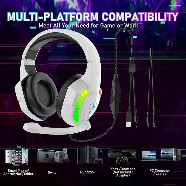 Alt view image 7 of 7 - Wired Gaming Keyboard and Mouse Headset Combo,Rainbow LED Backlit Wired Keyboard,Over Ear Headphone with Mic,Rainbow Backlit Gaming Mice,Mouse Pad,for PC,Laptop,Mac,PS4,Xbox(White)