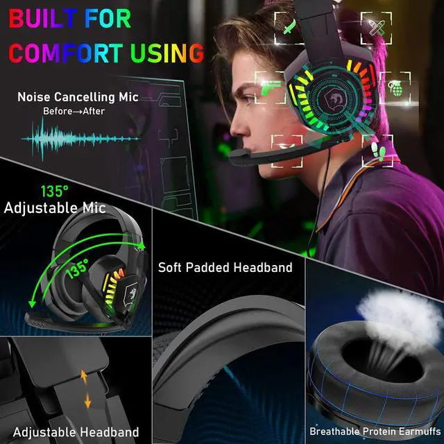 Alt view image 6 of 7 - Wired Gaming Keyboard and Mouse Headset Combo,Rainbow LED Backlit Wired Keyboard,Over Ear Headphone with Mic,Rainbow Backlit Gaming Mice,Mouse Pad,for PC,Laptop,Mac,PS4,Xbox(White)