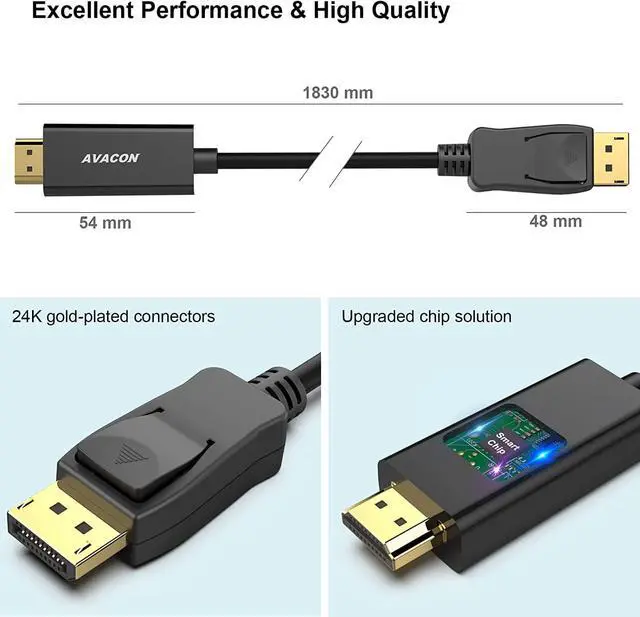 Alt view image 6 of 7 - 4K DisplayPort to HDMI 6 Feet Gold-Plated Cable Uni-Directional DP 1.2 Computer to HDMI 1.4 Screen DisplayPort to HDMI Adapter Male to Male Black
