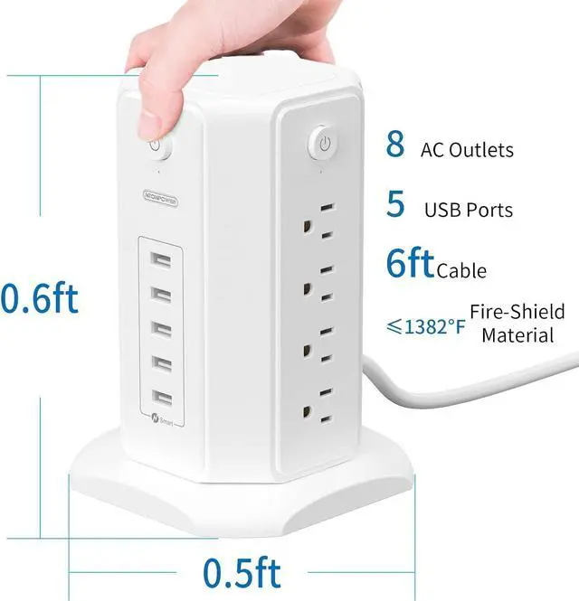 Alt view image 2 of 7 - Power Strip Tower Surge Protector, NTONPOWER 8 Outlet 5 USB Desktop Charging Station 1625W 13A, 6ft Extension Cord Flat Plug, Individual Switches, 1080 Joules, Overload Protection for Home Office