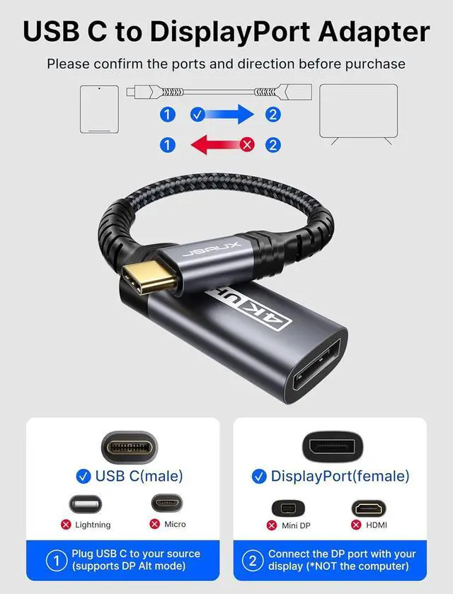 Alt view image 4 of 7 - USB C to DisplayPort Adapter 4K@60Hz Type C to Display Port Cable Adapter Compatible with iPhone 15 Pro Max MacBook Pro 2019 2018 Surface Book  XPS  Galaxy S24 S23 Note 20-Grey