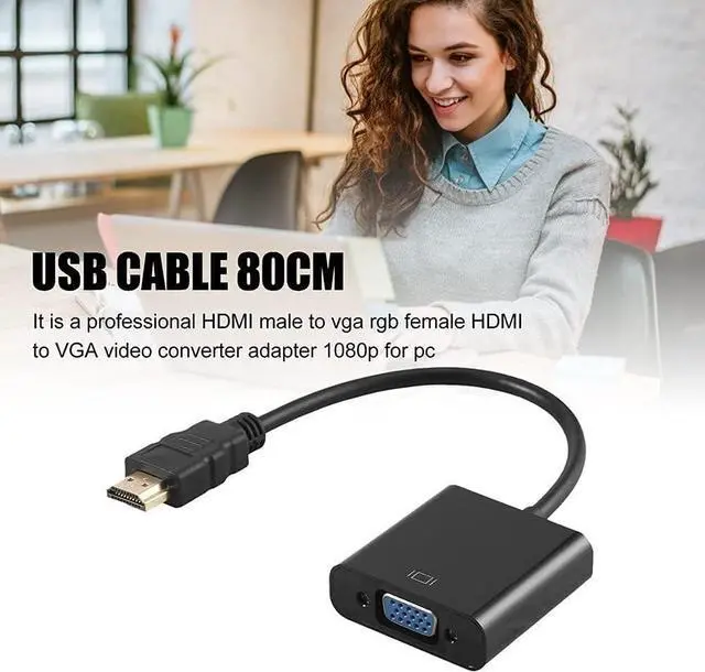 Alt view image 7 of 7 - HDMI to VGA Adapter Gold-Plated HDMI to VGA Adapter Converter Full HD 1080P External Video Card Multi Monitor Adapter Desktop Laptop HDTV Monitor Projector- Black