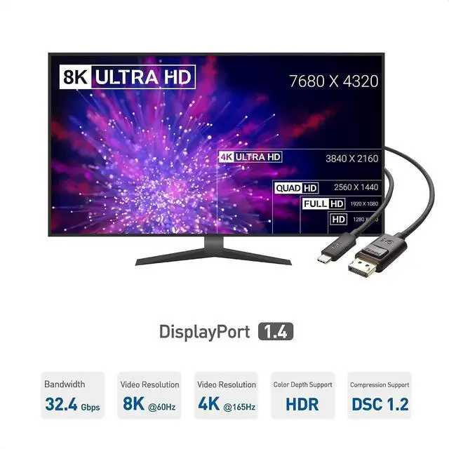 Alt view image 2 of 7 - Cable Matters 1 Unidirectional USB C to DisplayPort 1.4 Cable - 6ft 2 32.4Gbps USB C to DisplayPort 1.4 Adapter