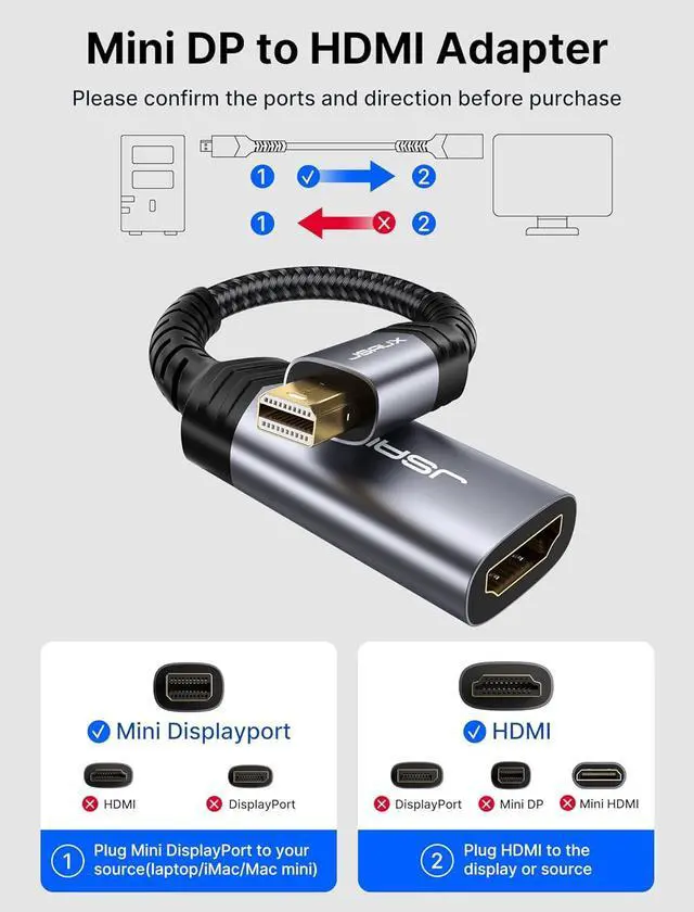 Alt view image 5 of 7 - Mini DisplayPort to HDMI Adapter Mini DP (Thunderbolt) to HDMI Adapter Nylon Braided Aluminum Shell Compatible with MacBook Air/Pro  Surface Pro/Dock Monitor Projector and More-Grey
