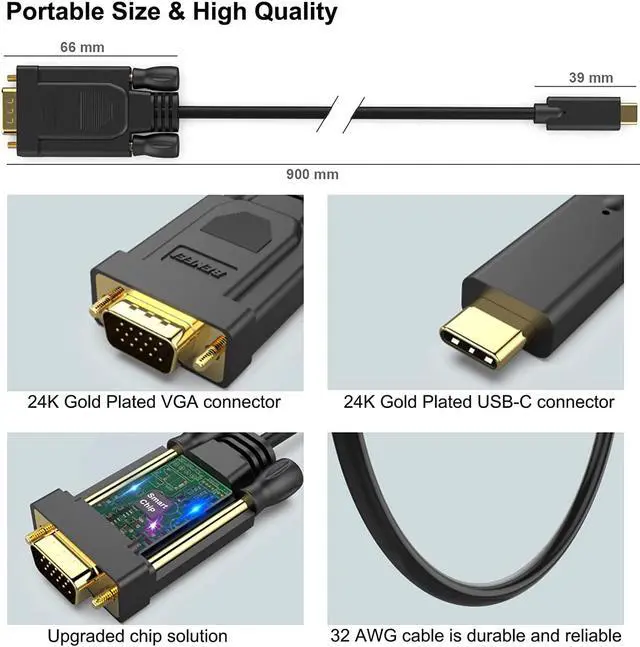 Alt view image 6 of 7 - USB C to VGA 3 Feet Cable USB Type-C to VGA Cable [Thunderbolt 3/4 Compatible] with iPhone 15 Pro/Max MacBook Pro/Air 2023 iPad Pro iMac S23 XPS 17 Surface Book 3 and More