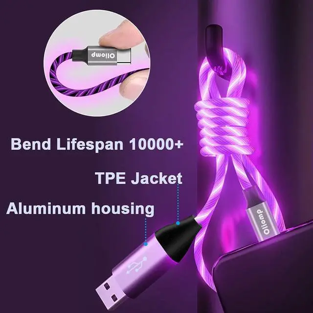 Alt view image 3 of 7 - USB C Cable, 6ft Type C Charging Cable Fast Charge, Lighted Up LED Cable, USB Type C Cable Compatible with Samsung Galaxy S23 S22 S21 Ultra S21 S20 S10 S9 S8 Plus Note 20 10 9 Pixel (Purple)