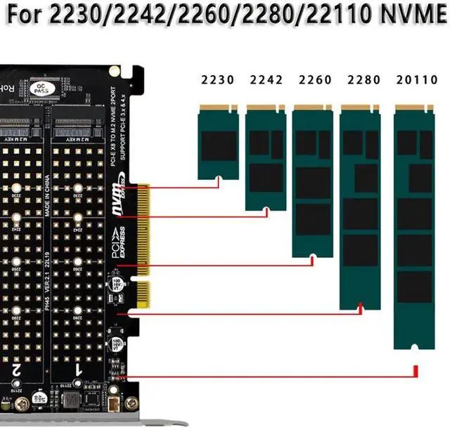 Alt view image 6 of 6 - Dual M.2 NVME to PCI Express X8 4.0 Raid Controller PCIE Split Card 2 Ports M2 NVME M KEY for 2230 2242 2260 2280 22110 NVME SSD