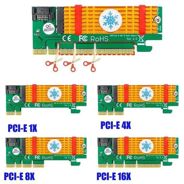 Alt view image 4 of 6 - PCI Express to M.2 NGFF SSD Adapter Raiser SATA-Bus M2 SSD B Key PCIE Slot Heatsink SATA Cable for 2230-2280 Size m.2 FULL SPEED