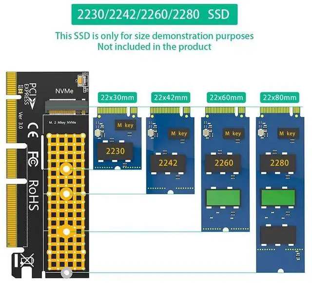Alt view image 5 of 6 - M.2 NVME Key M to PCI Express X4/X8/X16 Adapter Expansion Card Riser Converter with LED Supports 2230 2242 2260 2280 M2 NVME SSD