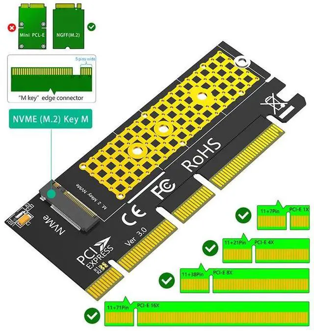 Alt view image 4 of 6 - M.2 NVME Key M to PCI Express X4/X8/X16 Adapter Expansion Card Riser Converter with LED Supports 2230 2242 2260 2280 M2 NVME SSD