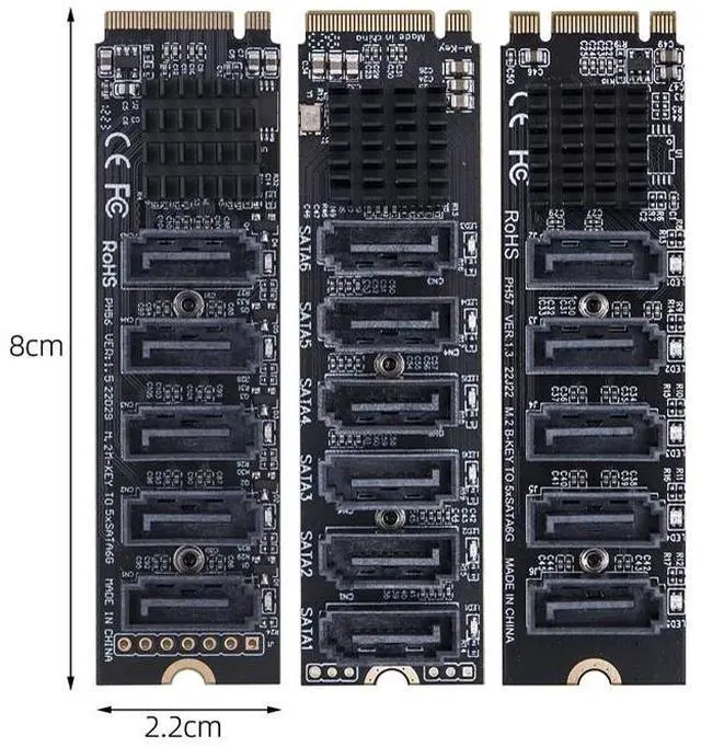Alt view image 2 of 6 - (NVME to 5HDD JMB585)
M2 to SATA Adapter M.2 NGFF NVME to SATA3.0 Expansion Card B+M Key M-Key to 5/6 Ports SATA3.0 6Gbps Controller Riser for HDD SSD