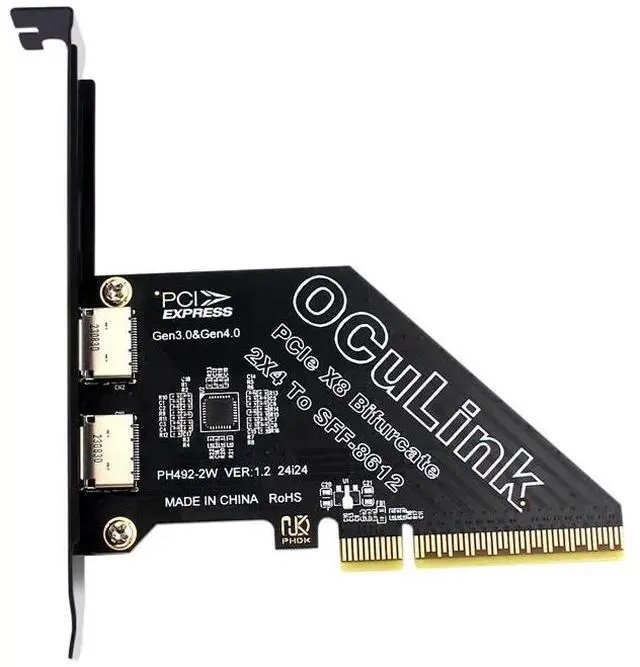 Alt view image 2 of 6 - Oculink Riser Bifurcate Card PCI Express 8X GEN 4 to 2 Ports SFF-8612 Oculink PCIE X8 Adapter for U.2 SSD External Graphics Card