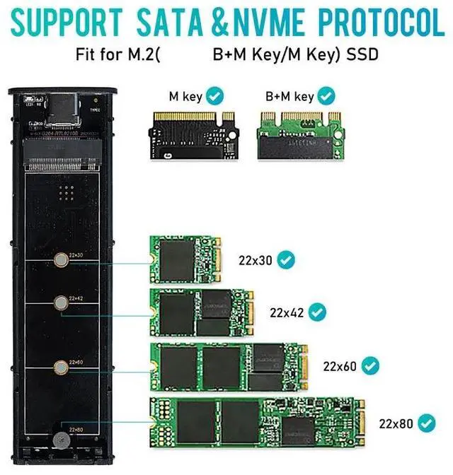 Alt view image 6 of 6 - (Silver)
M2 SSD Case NVME Enclosure M.2 to USB SSD Adapter for NVME PCIE NGFF M.2 SATA SSD M/B+M Key 2230/2242/2260/2280 M2 Dual Protocol