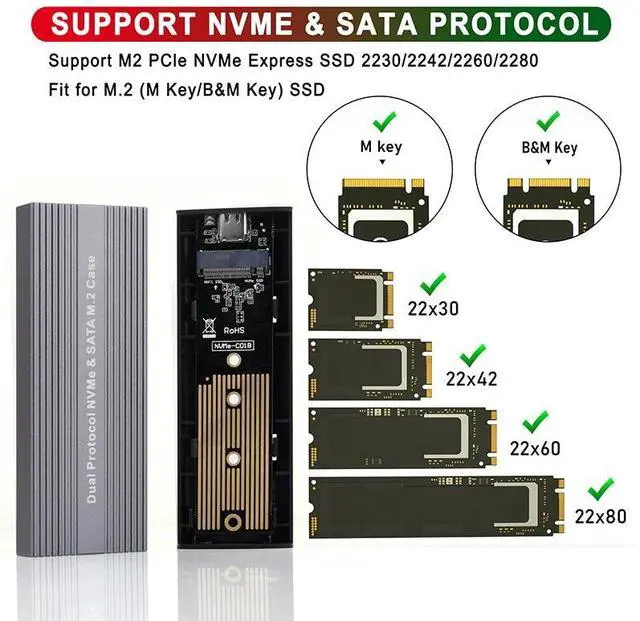 Alt view image 3 of 6 - (A-C Cable)
M.2 NVME SATA SSD Case Enclosure Dual Protocol JMS581D Chip 10Gbps USB 3.2 GEN2 TYPE C External M2 SSD Box M / B+M Key Tool Free