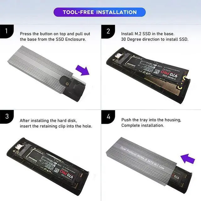 Alt view image 4 of 6 - (A-C Cable)
M.2 NVME SATA SSD Case Enclosure Dual Protocol JMS581D Chip 10Gbps USB 3.2 GEN2 TYPE C External M2 SSD Box M / B+M Key Tool Free