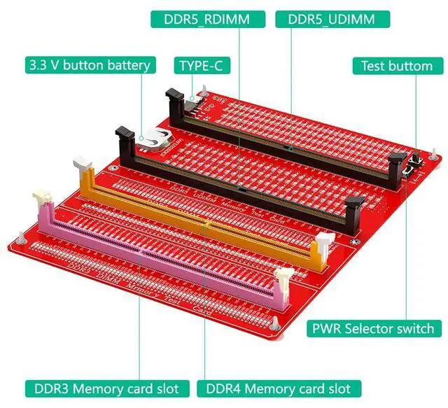Alt view image 3 of 6 - DDR3/4/5 RDIMM/UDIMM Memory Tester with LED Indicator Type C Power Supply Test Button Desktop Computer DDR3/4/5 Memory Test Card