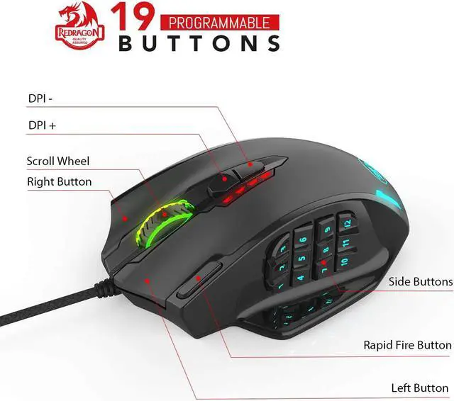Alt view image 4 of 9 - Redragon M908 Impact RGB Gaming Mouse, 12400 DPI Wired Laser MMO Mouse with High Precision Actuation, 12 Macro Side Buttons and 16.8 Million Customized Breathing Backlight for PC/Laptop