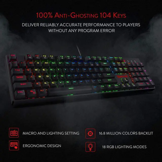 Alt view image 6 of 12 - Redragon K582 SURARA RGB LED Backlit Mechanical Gaming Keyboard with 104 Keys-Linear and Quiet-Red Switches