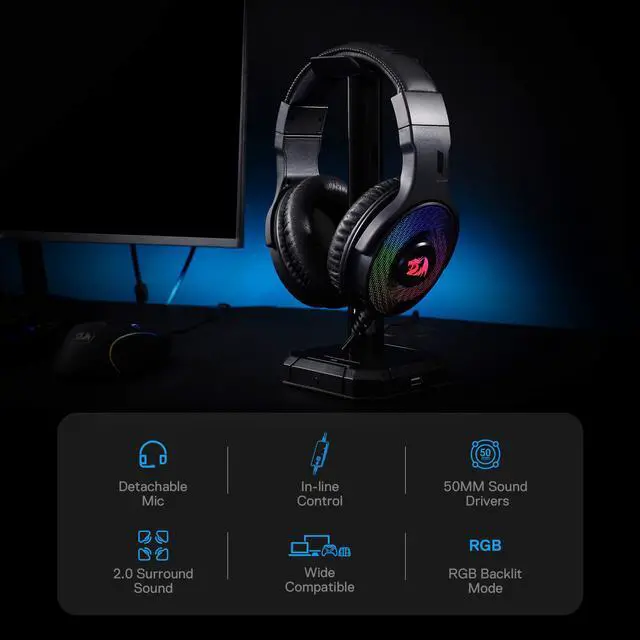 Alt view image 2 of 8 - Redragon H350 Pandora RGB Wired Gaming Headset, Dynamic RGB Backlight - Stereo Surround-Sound - 50MM Drivers - Detachable Microphone, Over-Ear Headphones Works for PC/PS4/XBOX One/NS