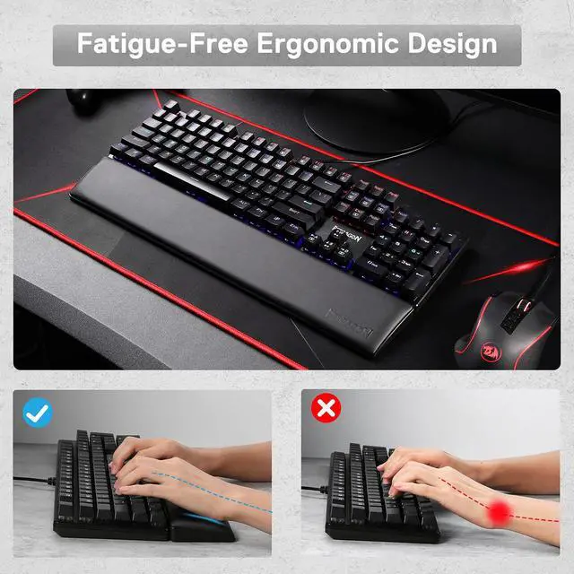 Alt view image 5 of 8 - Redragon P037 Meteor L Computer Keyboard Wrist Rest Pad, Ergonomic Soft Memory Foam Wrist Support w/Anti-Slip Rubber Base, 100% 104 Keys Standard Size 17.12 x 2.87 in, 0.78 inch (20mm) Height, Black
