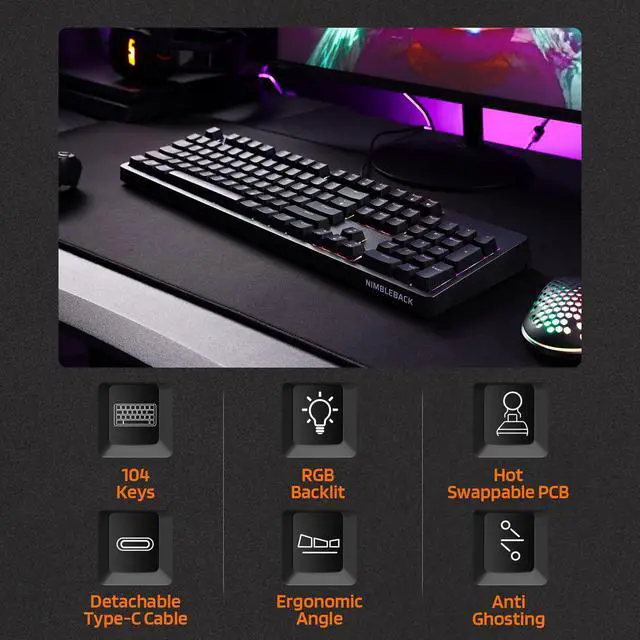 Alt view image 2 of 8 - LTC NB1041 Nimbleback Wired Mechanical Keyboard, Hot-Swappable 104Keys RGB Backlit Gaming Keyboard, Red Switch/Black