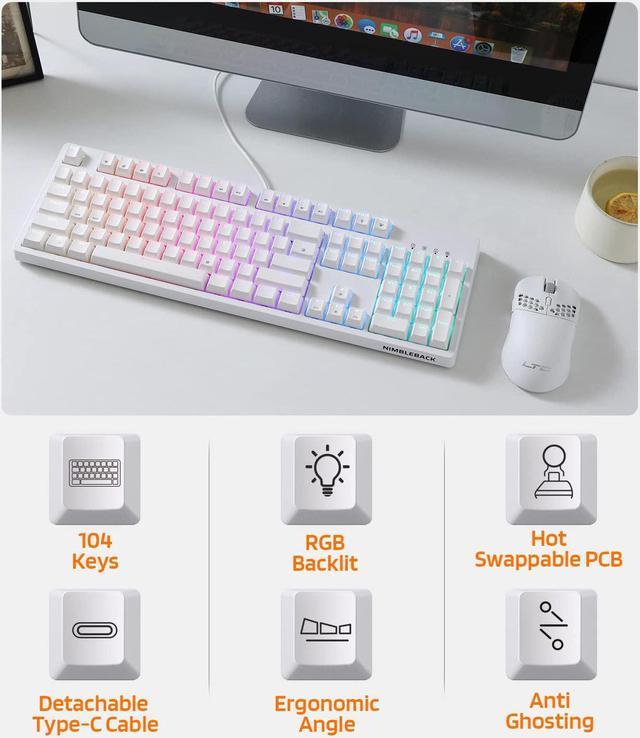 LTC NB1041 Nimbleback Wired Mechanical Keyboard, Hot-Swappable 104Keys RGB  Backlit Gaming Keyboard, Red Switch/White Gaming Keyboards
