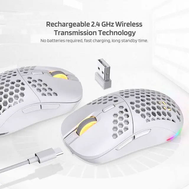 Alt view image 6 of 10 - LTC Mosh Pit 16,000 DPI RGB Wireless Ambidextrous Gaming Mouse with Lightweight Honeycomb Shell, Ergonomic Shape for Right or Left Hand Use, Comfortable 2.4G Mice for PC/Mac/Laptop, White